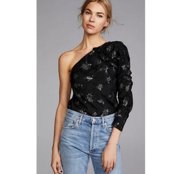 Rebecca Taylor Tops - REBECCA TAYLOR One Shoulder 100% Silk Black and Silver Glitter Top, Size 2